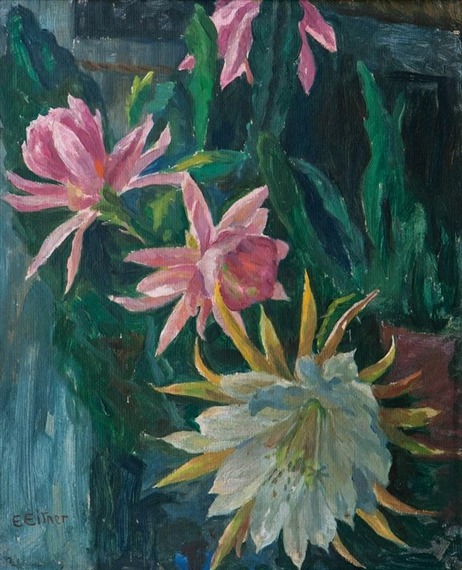 huariqueje:Cactus Flowers  -  Ernst EitnerGerman 1867-1955Oil on cardboard, 48.5 x 39.5 cm