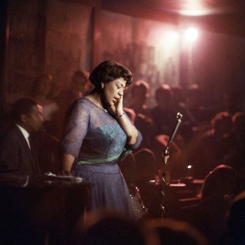 wehadfacesthen:Ella Fitzgerald singing at Mr. Kelly’s, Chicago, 1958, photos by Yale Joel