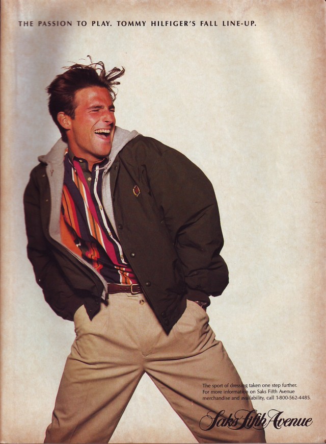 Tommy Hilfiger for Saks Fifth Avenue, August 1991 magazine ad. #Tommy Hilfiger#Saks Fifth #Saks Fifth Avenue #1991#90s fashion#Retro Prints#Retro Ads#Vintage Ads#Vintage Prints