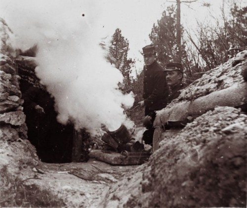 scrapironflotilla: French soldiers firing a 155 mm mortar from a trench on the front line, at an unk