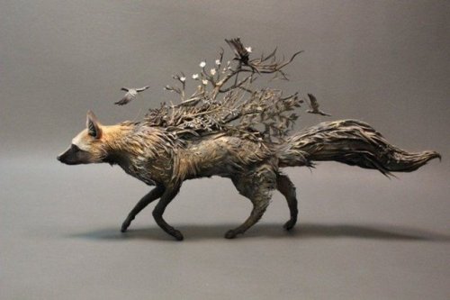 gravity-rainbow: ‘Silver Fox with Crows’ by Ellen Jewett, contemporary Canadian sculptor