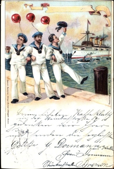 A cheerful postcard showing 3 merry German Naval servicemen returning to their ship&hellip; clea