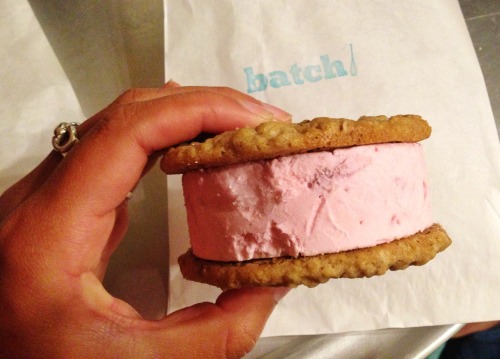 Strawberry ice-cream in between two oatmeal cookies!