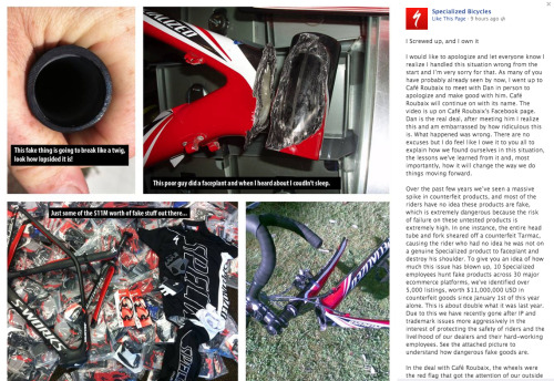 Read the whole pathetic thing here: www.facebook.com/specializedbicycles