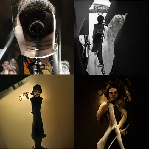 Four images with dramatic dark contrasts. Upper left might be a microphone shape with either a furry sound baffle or a head of gray human hair. The rest look like humans.