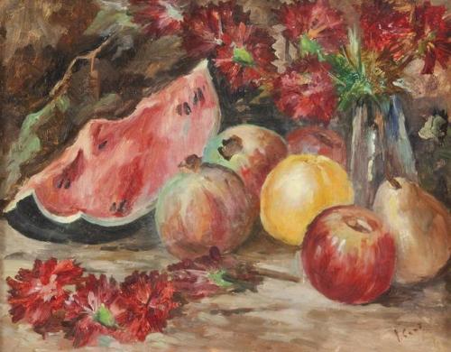 Giuseppe Alberto Cocco (1879–1963)Anguria, pere e melograni su un piano con un vaso di fiori.