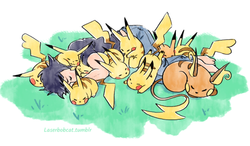 laserbobcat: “One day in the forest he stumbles upon this dude that’s just sleeping  there on a grass patch under a pile a pikachus. (I need to draw that)Nothing to be alarmed -if the guy didn’t have those red eyes like only high ranking demons