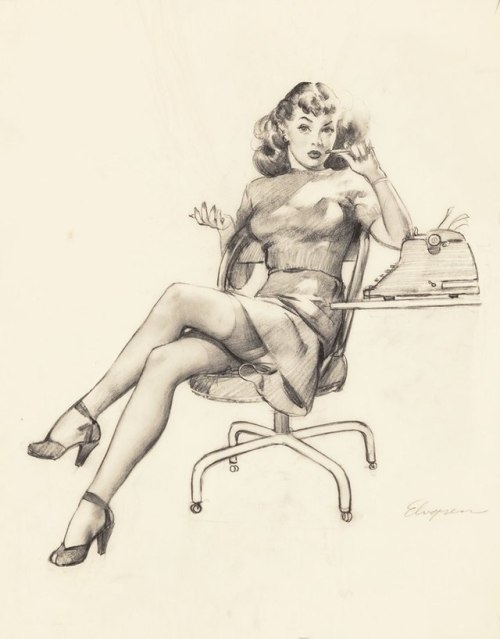 inky-curves:  “I’m Never Promoted, But I Get Lots of Advances”  Gil Elvgren: preliminary for a calendar illustration, 1946