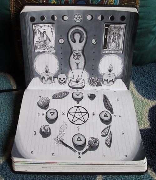 stellawitchcraft:  I’ve been meaning to make some kind of portable altar for a while, figuring I’d just put together some kind of tiny kit for travel or something. Then I was like HEY WAIT, I COULD JUST DRAW ONE IN MY GRIMOIRE, and voila :D