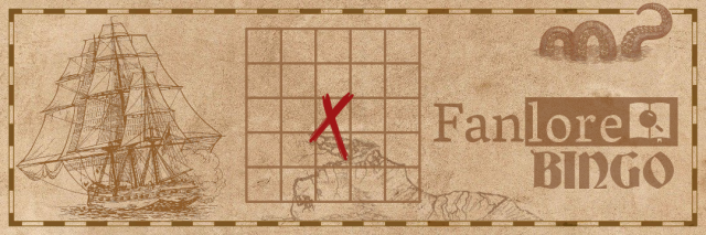 A banner styled to resemble an old map. On one side is a ship, with a grid in the middle overlaid on a network of branching roads that are labelled as they might be on a map. The grid resembles a Bingo card, and has a red cross in the centre. In the top right corner are tentacles that may belong to a sea monster, above the Fanlore logo with the word 'Bingo' underneath.