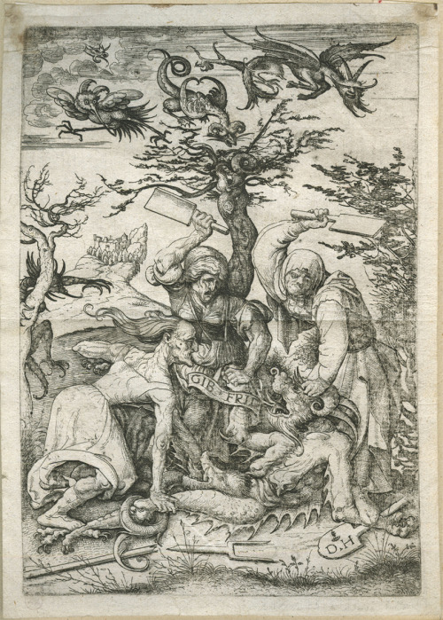 Daniel Hopfer (1470-1536),  ‘Gib Frid’ (Let Me Go), Drei Hexen verprügeln den am Boden liegenden Däm