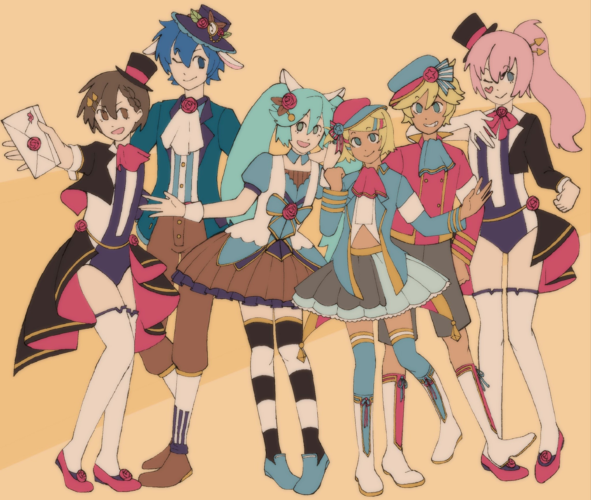 digital drawing of vocaloid characters all standing next to each other. meiko, kaito, miku, rin, len, and then luka. their outfits are inspired by alice in wonderland characters