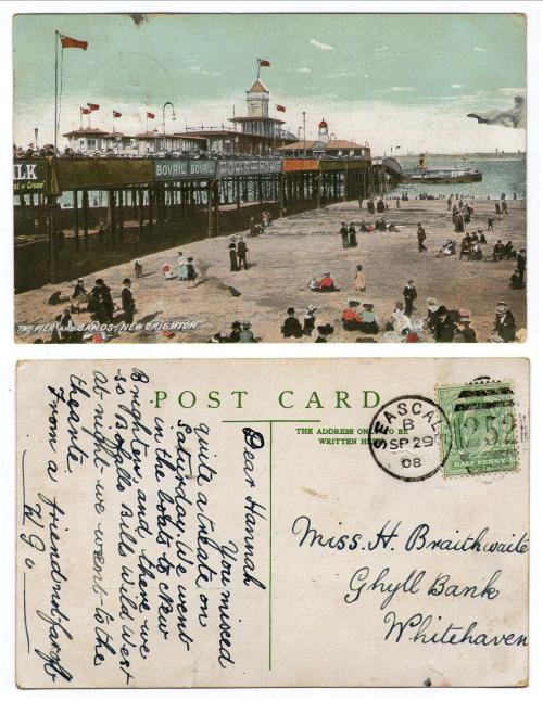 Brighton, the pier and Sands. Posted Sep. 29 1908 Seascale Postmark.The message sent to the recipien