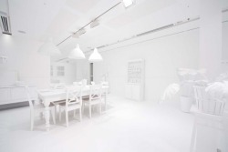 exxxmilitary:  The Obliteration Room - Yayoi Kusama (2012)  Yayoi Kusama constructed a beautiful yet simple domestic environment complete with a piano, a table, chairs, and other household decorations in a brilliant white at the Queensland Gallery of