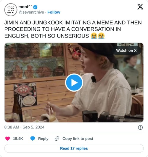 JIMIN AND JUNGKOOK IMITATING A MEME AND THEN PROCEEDING TO HAVE A CONVERSATION IN ENGLISH, BOTH SO UNSERIOUS 😭😭 pic.twitter.com/37XnnvNw0b
— moni⁷ 𖠌 (@sevenrchive) September 5, 2024