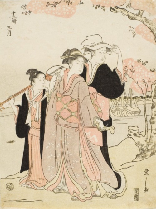 thejapanesewoodblock:    12 Hours of the 3rd Month                 Descriptive: three women walking 