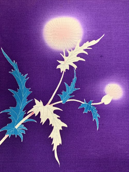 Azami (thistle) antique kimono, with a beautiful purple ground and lovely halo-like gradation over t