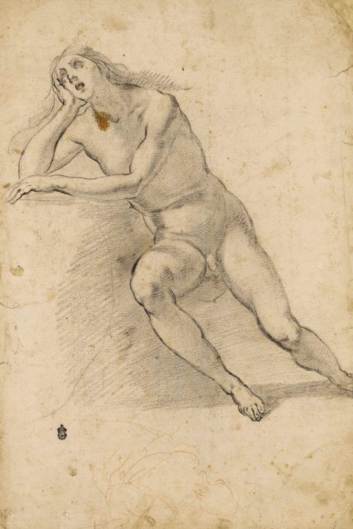 Study of a Seated Male Nude by Francesco FuriniItalian, 17th centuryblack chalk with gray washprivat