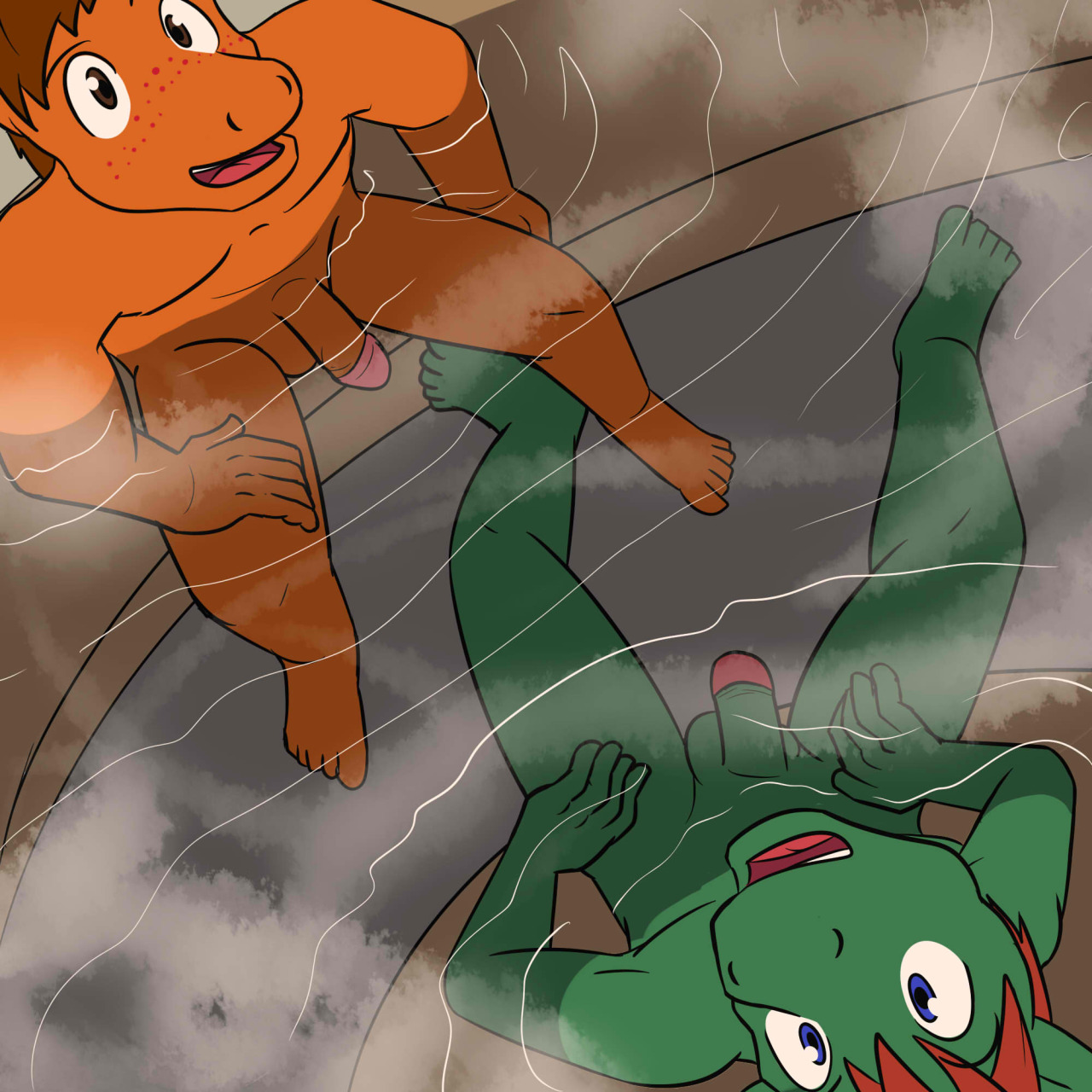 Glad and Lock at a hot spring after abandoning their fundoshis.  Played around with