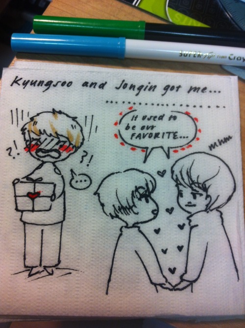raindrop-waltz:  Click for captions~ Been so busy! ; o ; Happy belated birthday my dear! Thought of you at the cafe, had to draw you in the napkins. 