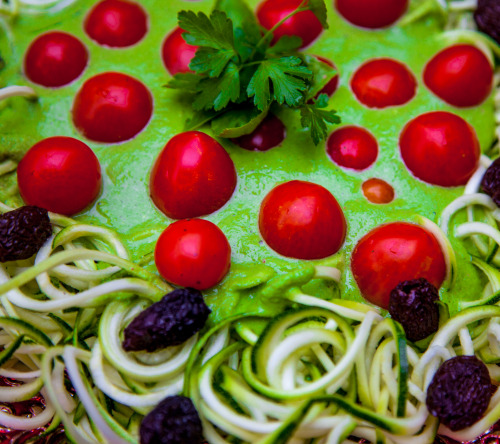 Olenko’s Raw Vegan Pasta with Pesto and Garden Tomatoes  I have beautiful baby tomatoes growing on m