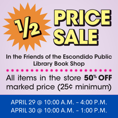 Our next Friends of the Library Book Shop &frac12; Price Sale is today, April 29 &amp; Satur