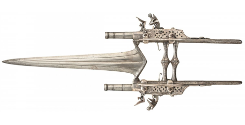 Rare Indian Katarr dagger with dual flintlock pistols, early 19th century.
