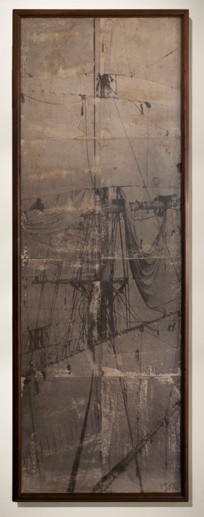 Sails, Mast, and Rigging. Acrylic transfer, coffee, dirt, paper on wood panel. Framed. 35" x 12