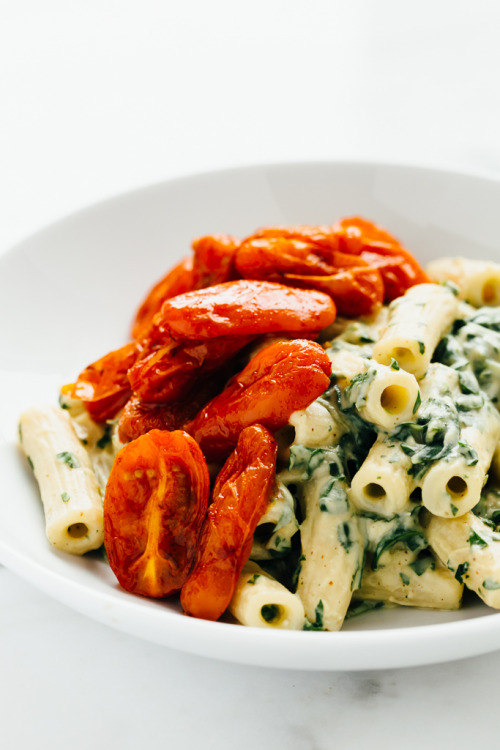 vegan-yums:Zesty Vegan Cilantro Cream Pasta with Roasted Paprika Tomatoes / Recipe