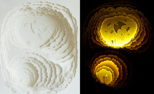 asylum-art:  New Backlit Paper Sculptures by Deepti Nair and Harikrishnan Panicker At Black Book Gallery “Where I Belong” is a paper cut light box installation work of hand cut watercolor on paper assembled in a shadow box that is backlit with LED