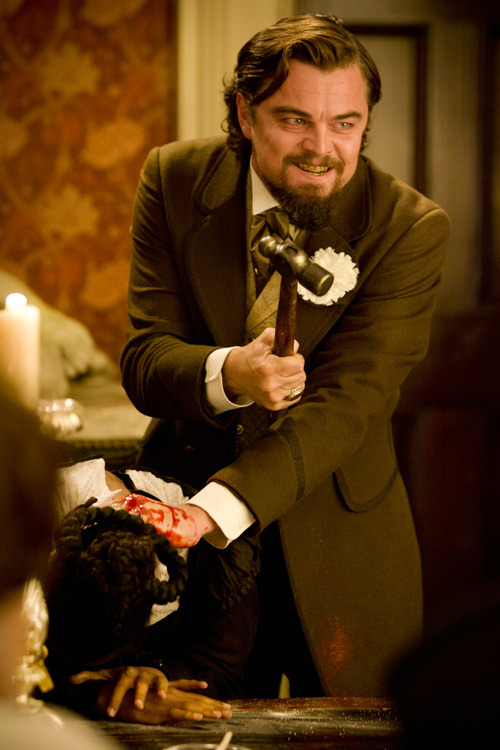 collegiate-deviance:  Leonardo DiCaprio cut his hand while the cameras were rolling on the set of Django Unchained and kept moving through the scene, never breaking character, and  his real-life bloodied hand made it into the final version of the film.