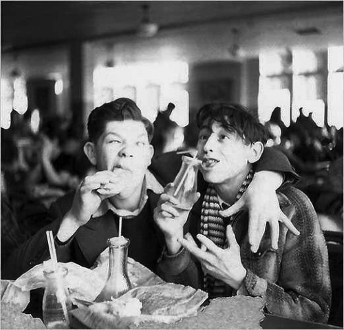 MAD Magazine artists Al Jaffee and Will Elder, in the lunchroom of The High School of Music and Art 