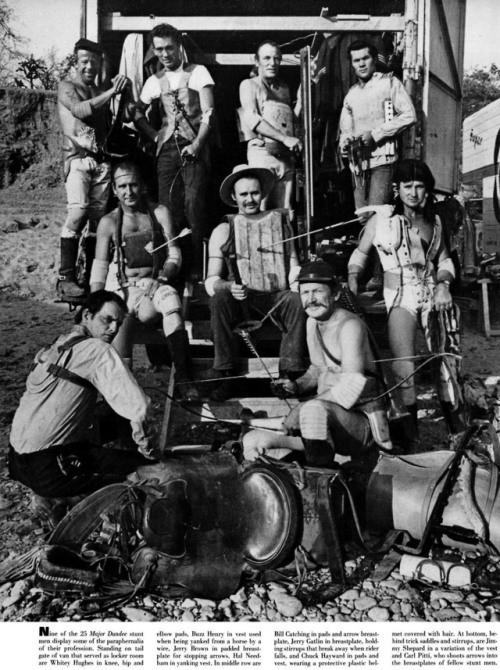 1960s crew of Hollywood stuntmen.  Some wearing arrow-proof vests for scenes requiring them to be sh