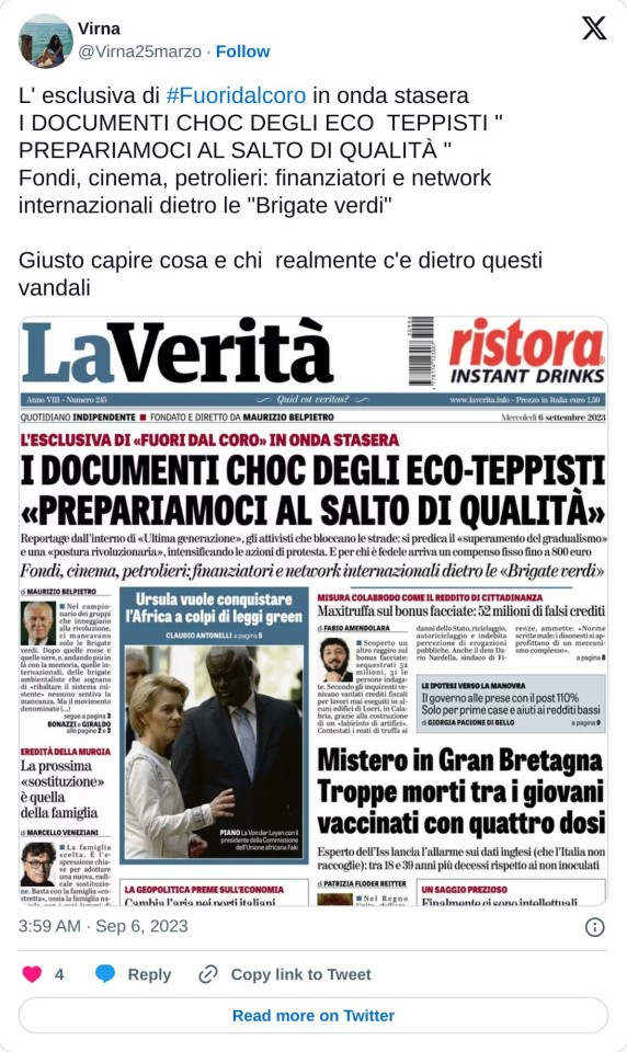 L' esclusiva di #Fuoridalcoro in onda stasera  I DOCUMENTI CHOC DEGLI ECO TEPPISTI " PREPARIAMOCI AL SALTO DI QUALITÀ " Fondi, cinema, petrolieri: finanziatori e network internazionali dietro le "Brigate verdi"  Giusto capire cosa e chi realmente c'e dietro questi vandali pic.twitter.com/mEEkyy51P8  — Virna (@Virna25marzo) September 6, 2023