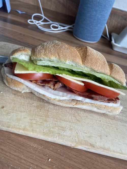 Turkey ,smoked bacon ,cheddar ,lettuce ,tomato and mayo on a sub