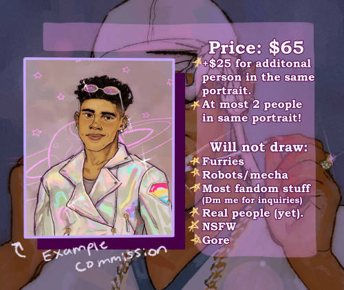 Commissions are $65, +$25 for an additional person!(I know the fandom thing may be confusing, but it