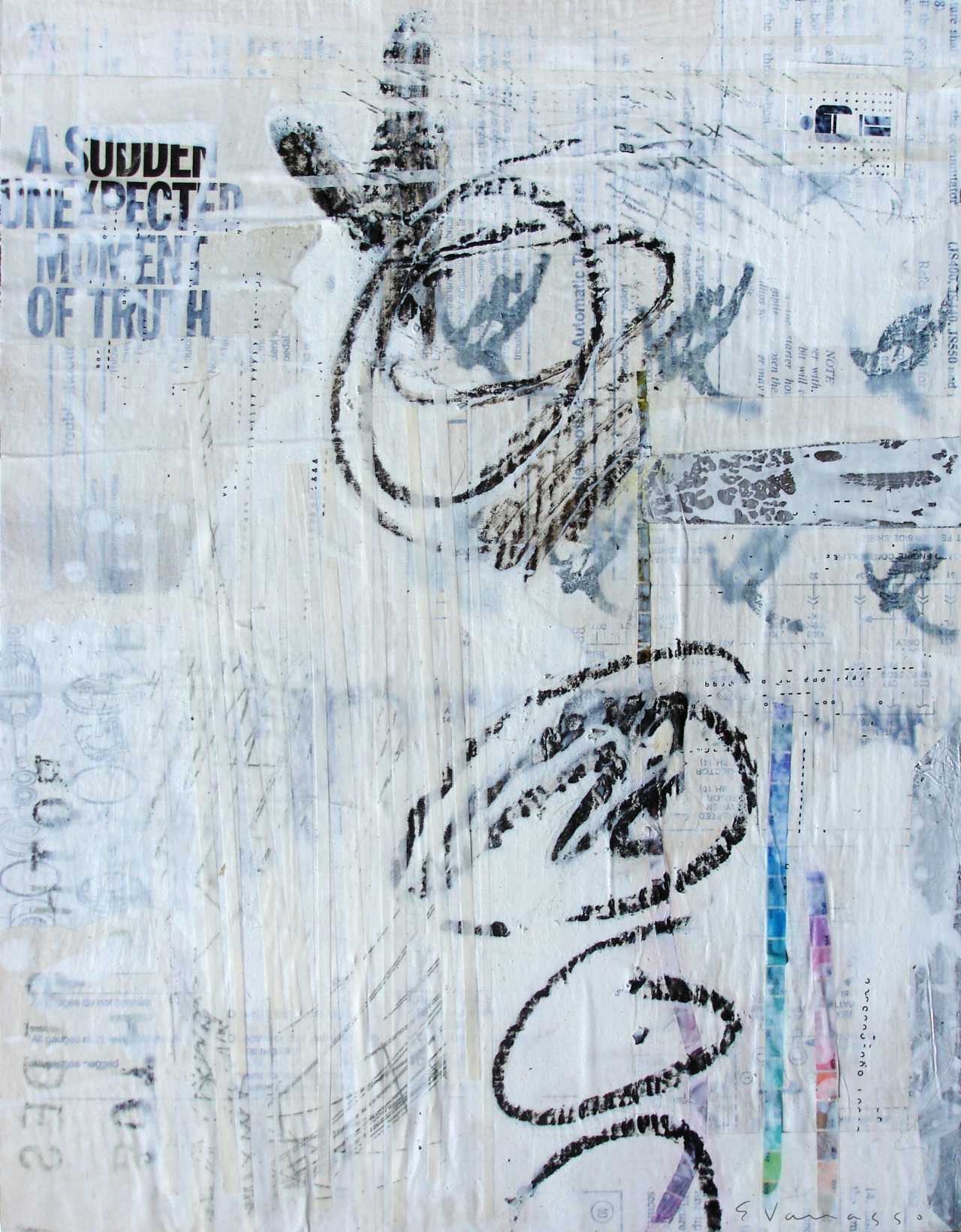 “another sudden unexpected moment of truth”
here is a 12”x15.25” mixed media abstract i created the other day using plywood, acrylic paint, oil stick, torn pages from a car manual, ink transfers, found images and letraset (google it if you’re under...