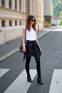 leatherstreetstyle:  VOGUE HAUS: AT THE CROSSWALK http://bit.ly/1ZDHJpkshirt - COS / skirt - Choies / blouse - Sheinside / tights - H&amp;M / boots - Vagabond / bag - Proenza Schouler / sunglasses -Ray Ban