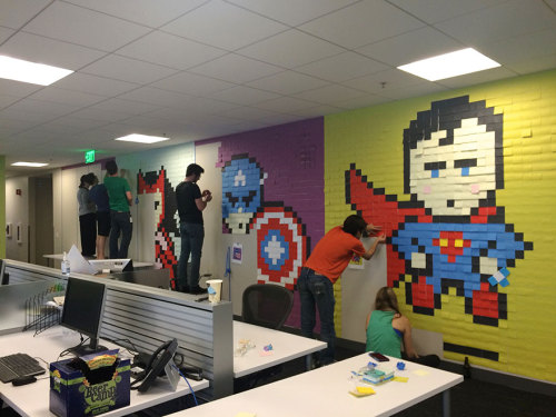 Worker Uses 8,024 Post-It Notes To Turn Boring Office Walls Into Superhero Murals