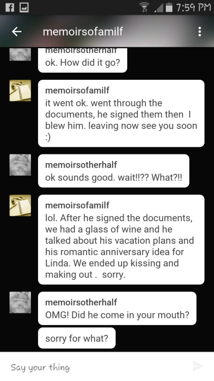 luv2eatitafter:the23guy:memoirsotherhalf:My conversation with @memoirsofamilf this evening. I can’t 