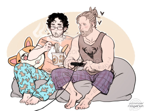 ~Support me on Patreon~Gamer AU Hannigram sharing noods :)))))The big corgi pillow is based on thousandskies’ lol heyy