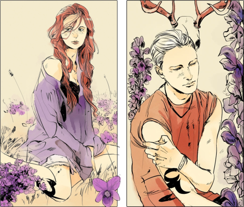 Clary Fairchild and Sebastian Morgenstern. Clary is a red haired woman in a purple dress, sitting in a field of violets. Sebastian is a blond haired man in an orange shirt, with a deer skull behind him.