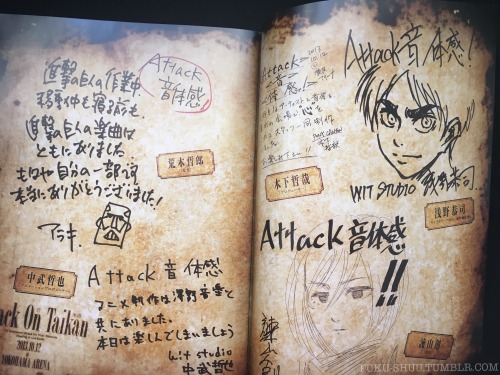 yusenki:  fuku-shuu:    My Shingeki no Kyojin merchandise haul for today is the official program book for the October 12th, 2013 “Attack on Taikan” Reading and Live event that took place at the Yokohama Arena! The event starred the seiyuu of the cover
