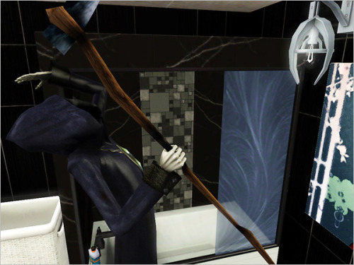 Grim: Excuse me? Angel of Death, here. Lord of the Underworld. This bathroom is too tiny to contain 