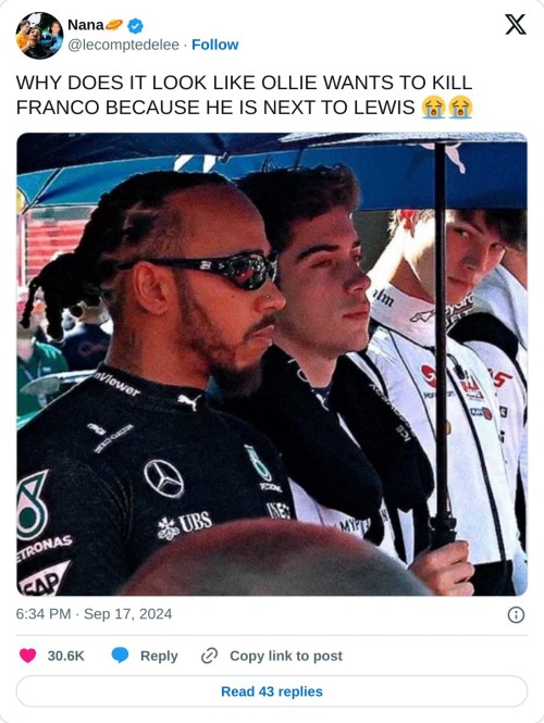 WHY DOES IT LOOK LIKE OLLIE WANTS TO KILL FRANCO BECAUSE HE IS NEXT TO LEWIS 😭😭 pic.twitter.com/Ah6KHsgPKm

— Nana🪐 (@lecomptedelee) September 17, 2024