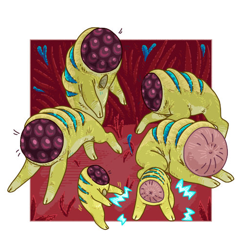 A digital drawing of a pack of Half-Life houndeyes against a background of red plants with blue flowers. One houndeye stands on its hind leg in the leader look pose, one chases another through the middle of the group. Another houndeye is lying down sleeping, and next to it a baby houndeye practices its sonic boom attack while another baby next to it wobbles trying to stand on its hind leg.