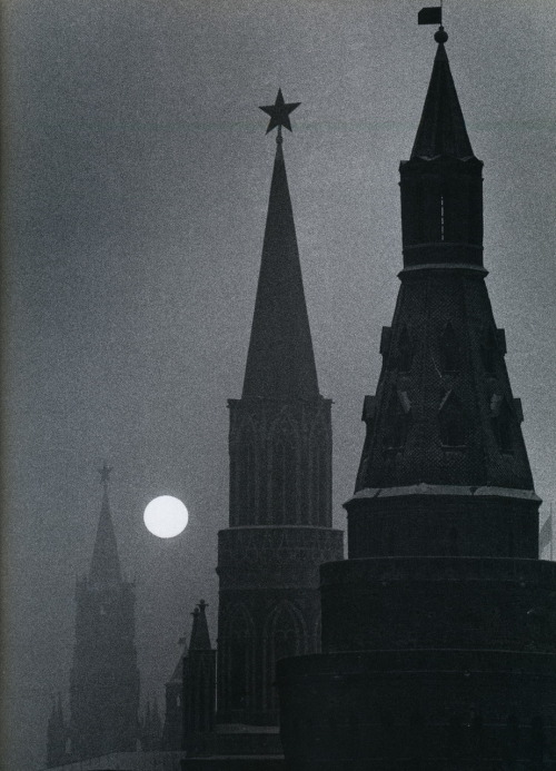 The Kremlin and Spassky Tower in Moscow, Under a Full Moon.Photo by Carl Mydans. 1950s.