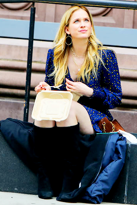 Elizabeth Lail Is Seen At The Film Set Of The Gossip Girl TV Series On March 25, 2021 In New York City.