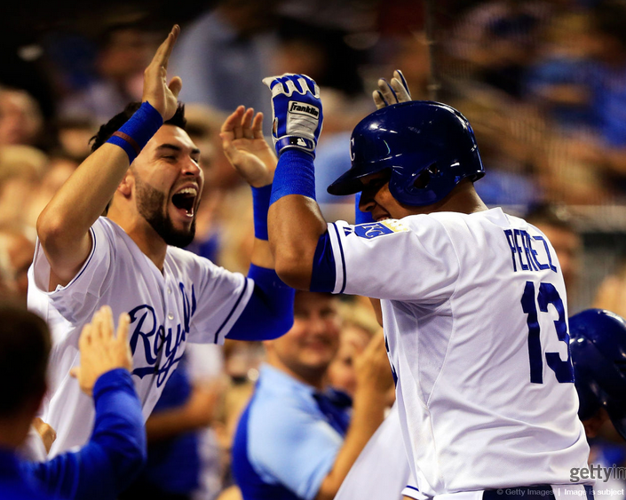 yankeegirl:  Salvador Perez is congratulated by Eric Hosmer after hitting a home