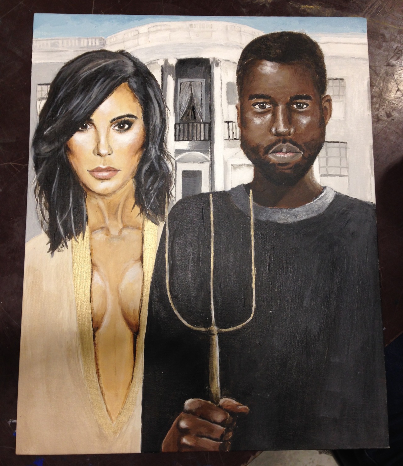 alive-imaginations:
“American Gothic Parody painted by my lovely friend Jamie. I gave her the inspiration of replacing the couple with today’s most iconic duo. Kim Kardashian & Kanye West.
”